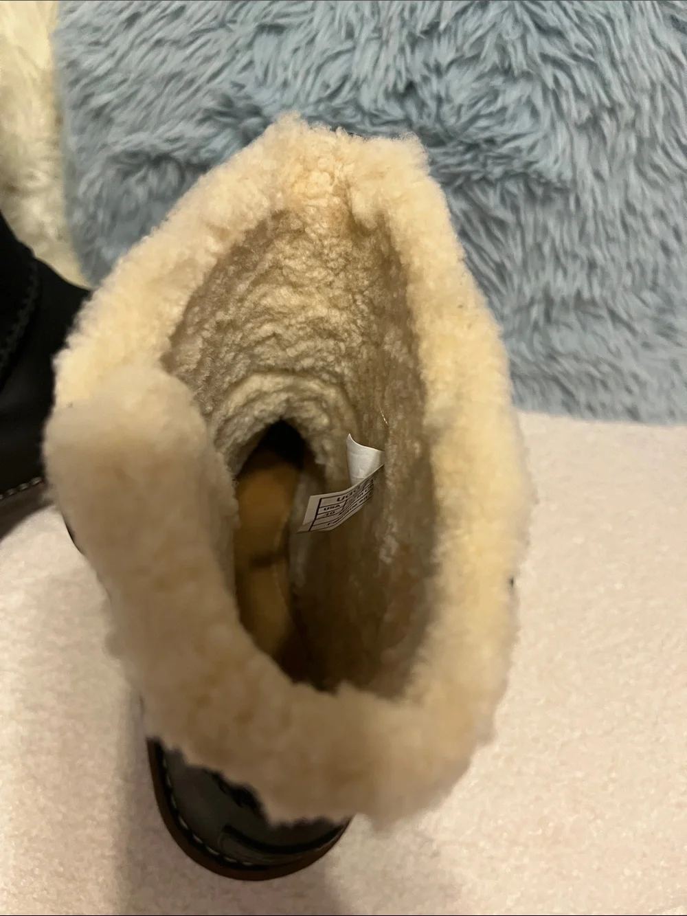 UGG Black Leather Shearling Winter Boots with Purple Trim